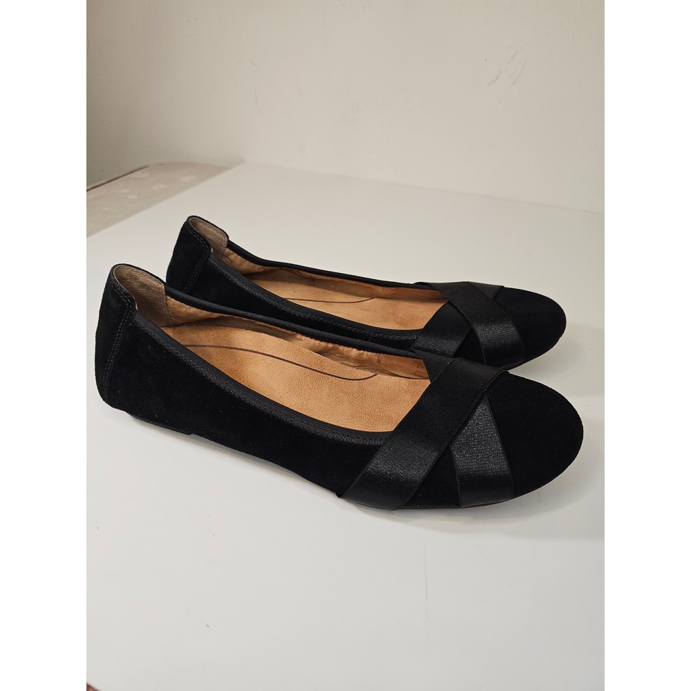Vionic Maria Black Suede Satin Crisscross Ballet Flats US 10 Orthotic Support